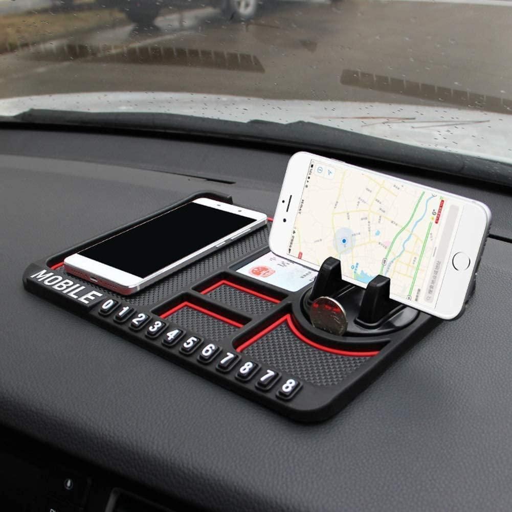 Car dashboard organizer with phone holder and number plate on a car's dashboard.